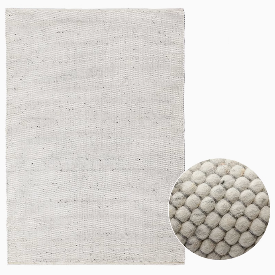 Natural wool carpet, light grey with woven texture and close-up of textured wool balls.